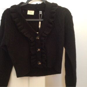 ELIE TAHARI BLACK V-NECK RUFFLED CROPPED KNIT CARDIGAN WITH BUTTONS- SZ XS- BNWT